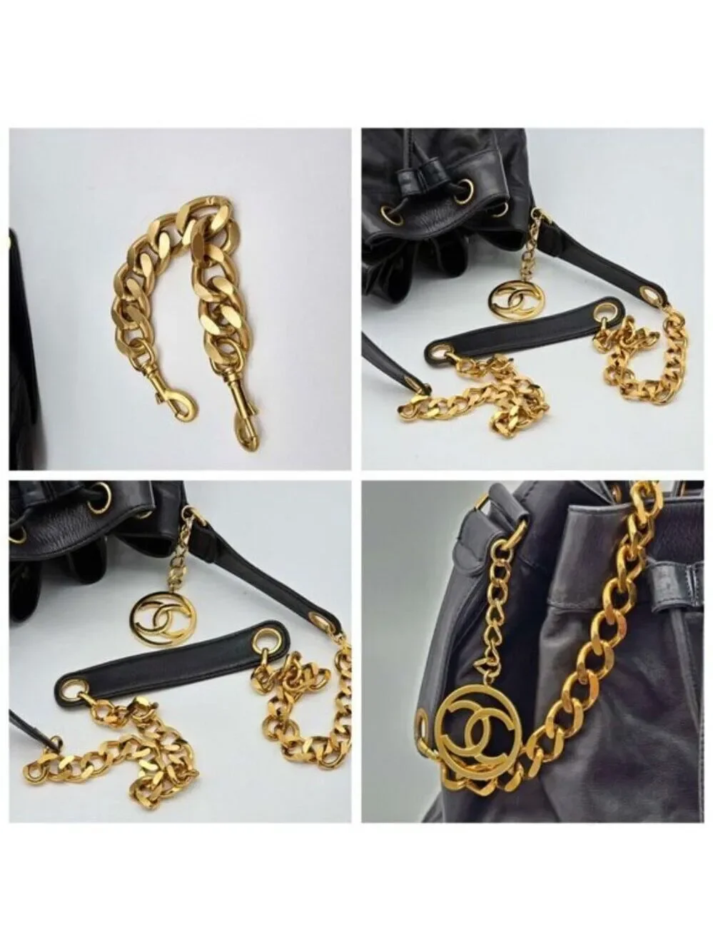 Authentic Chanel Drawstring Bucket Bag Black Leather Gold Chain CC Logo